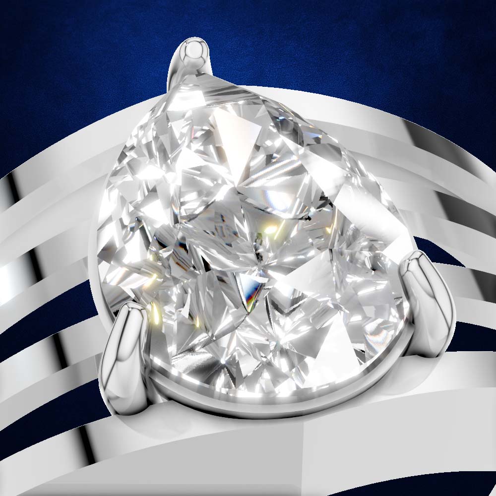 A pear-cut diamond ring set in a polished silver-colored metal band, shown in a close-up studio shot against a dark blue background with diagonal metallic silver bands.