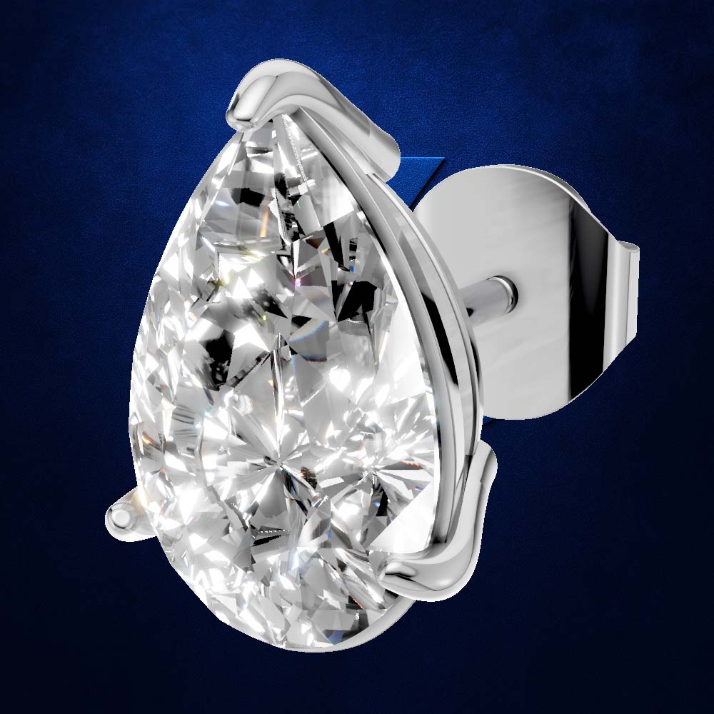 A pear-cut diamond stud earring in a polished silver-colored setting, shown against a dark blue textured background.
