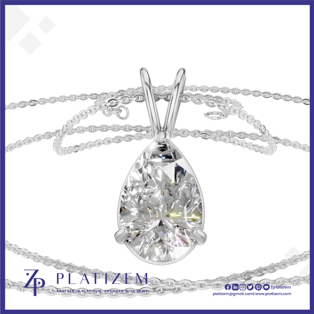 A teardrop-shaped clear gemstone pendant in a silver-toned prong setting, shown on a white background with a silver chain. The brand name PLATIZEM is visible at the bottom.