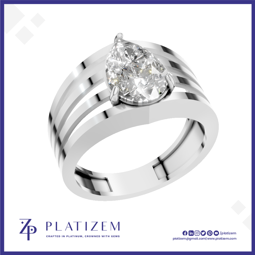 A platinum ring featuring a pear-cut diamond in a prong setting, with a multi-band design. The brand logo 'PLATIZEM' is visible at the bottom of the image.