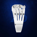 A white gold or platinum ring featuring a large, round brilliant-cut diamond set in a distinctive openwork, multi-spoke design, shown against a dark textured blue background.