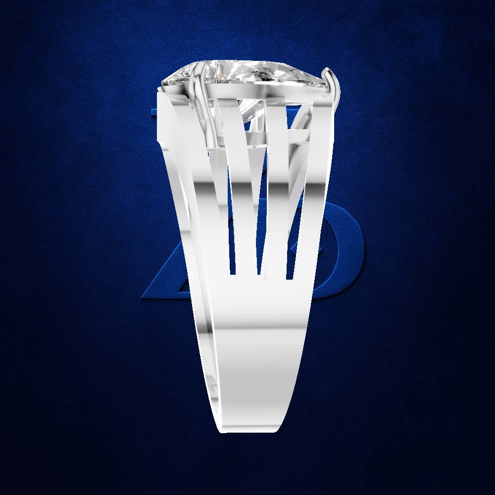 A white gold or platinum ring featuring a large, round brilliant-cut diamond set in a distinctive openwork, multi-spoke design, shown against a dark textured blue background.