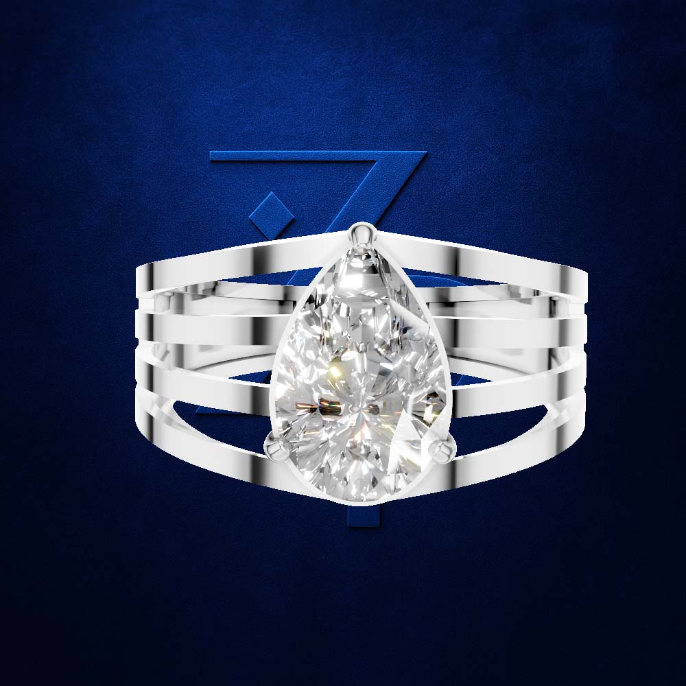 A silver-toned ring with a large pear-cut clear gemstone, shown against a dark blue textured background with a subtle blue geometric logo behind it. Per the schema, clear gemstones do not contribute to the color mapping, so only the surrounding metal setting is considered, which is silver.