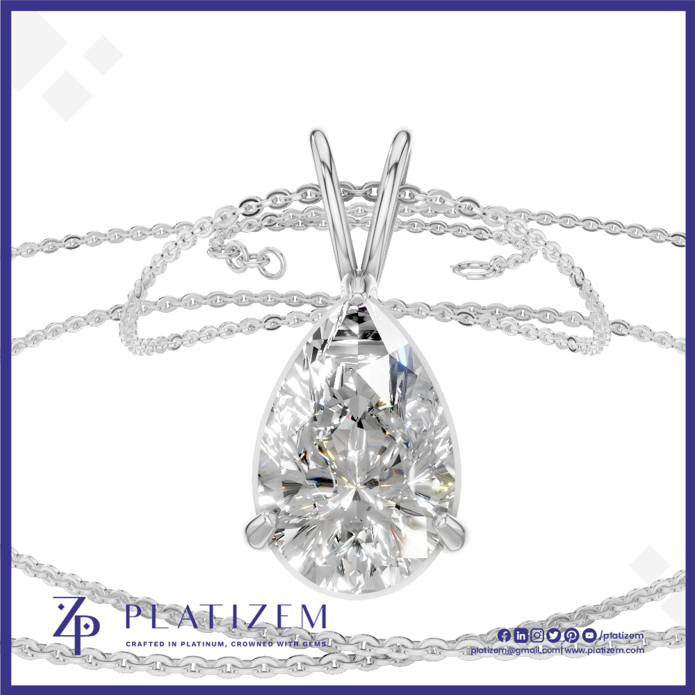 A teardrop-shaped clear gemstone pendant in a silver-toned setting on a delicate silver chain, shown against a white background with a blue border. The brand name PLATIZEM is visible at the bottom.