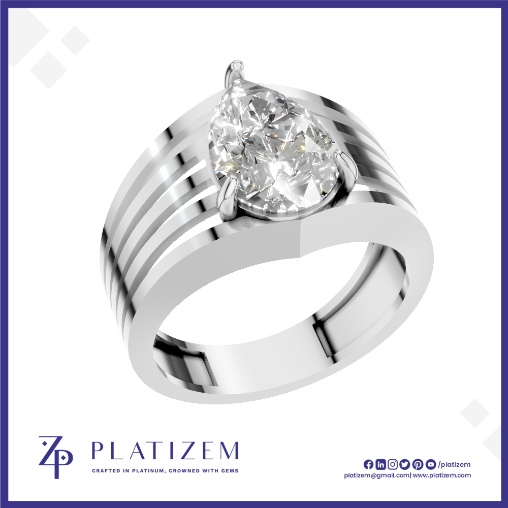 A silver-toned pear-cut diamond ring with a split band featuring parallel grooved stripes, presented on a white background with a blue border and the brand name 'PLATIZEM' at the bottom.