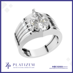 A silver-toned pear-cut diamond ring with a split band featuring parallel grooved stripes, presented on a white background with a blue border and the brand name 'PLATIZEM' at the bottom.