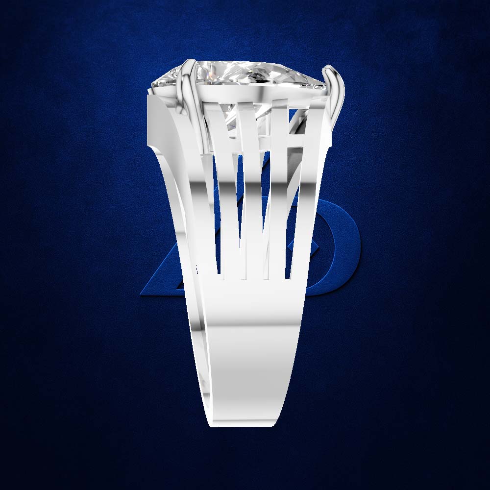 A silver-toned ring with a large clear gemstone in a prong setting, shown against a dark blue textured background with a faint blue logo behind it.