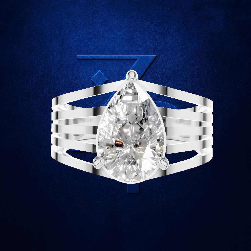 A silver-toned ring featuring a large pear-cut clear gemstone, set against a dark blue textured background with a subtle blue geometric logo behind it.