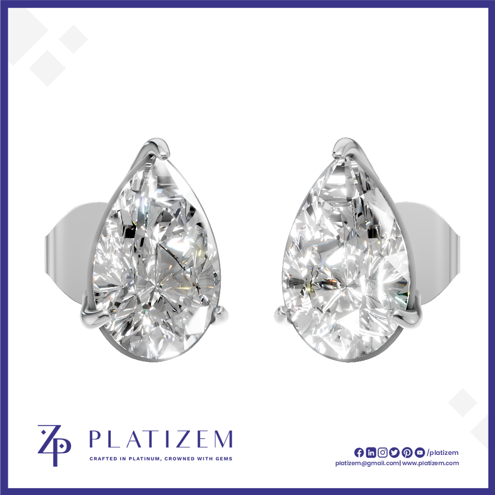 A pair of pear-cut diamond stud earrings in silver settings, displayed on a white background with a blue border. The brand name 'PLATIZEM' is visible at the bottom.
