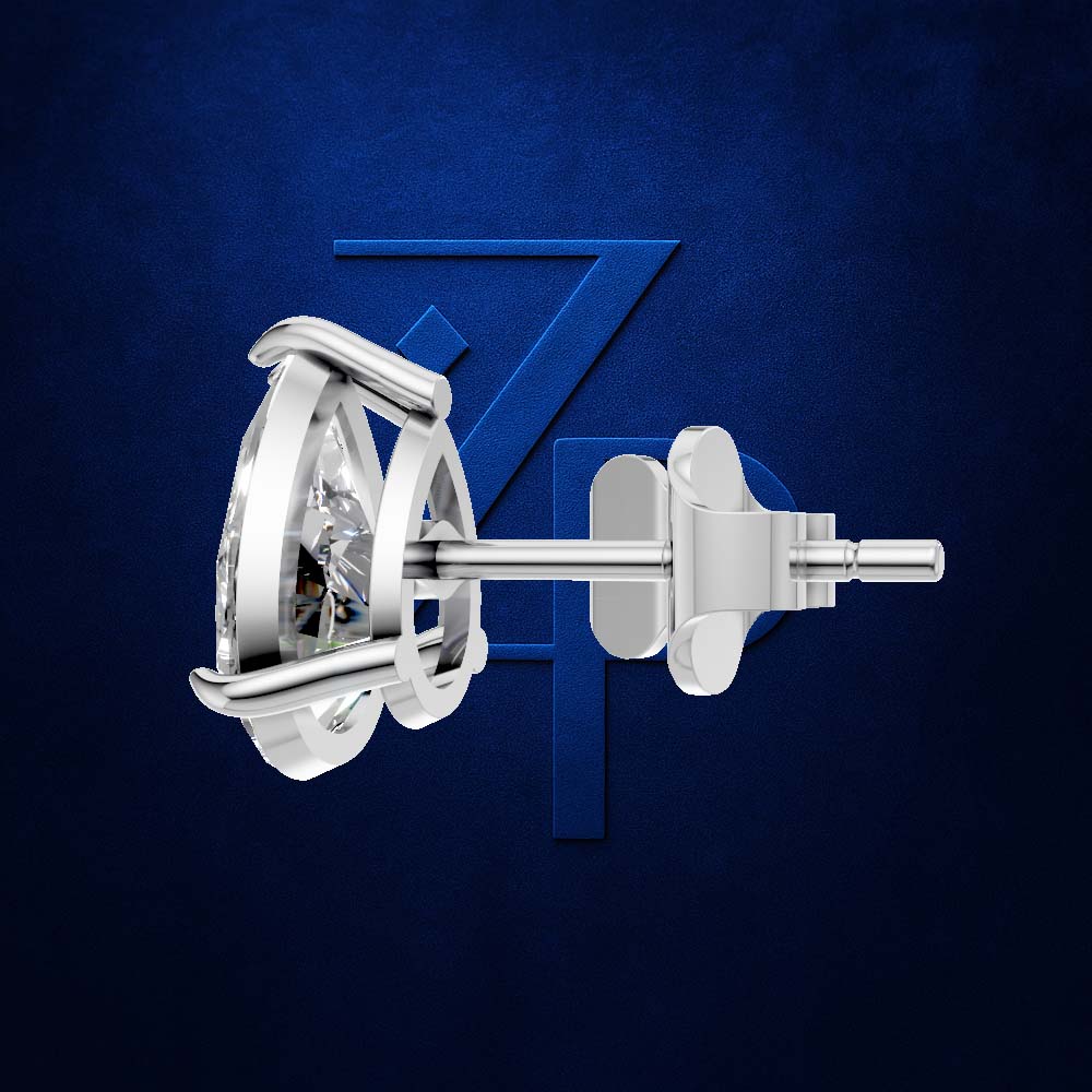 A polished silver-tone stud earring with a clear round gemstone and butterfly back, shown in side profile against a dark blue textured background with a subtle stylized 'Z' logo.