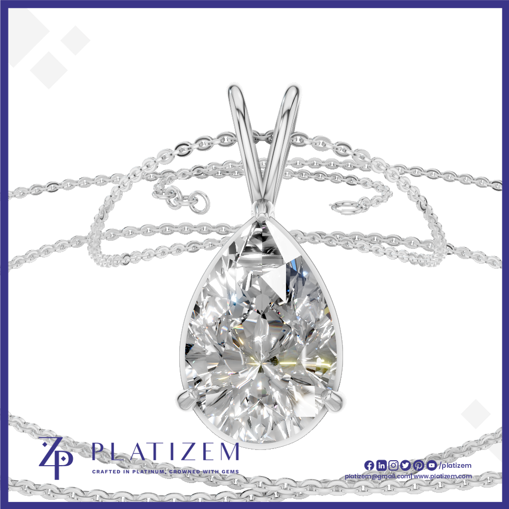 A teardrop-shaped clear gemstone pendant in a silver-toned setting on a matching silver chain, shown against a white background with the Platizem brand logo at the bottom.
