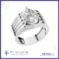 A silver-toned pear-cut diamond ring with a multi-stripe band design, shown on a white background with a blue border and the Platizem brand logo at the bottom.