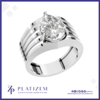 A silver-toned pear-cut diamond ring with a multi-stripe band design, shown on a white background with a blue border and the Platizem brand logo at the bottom.