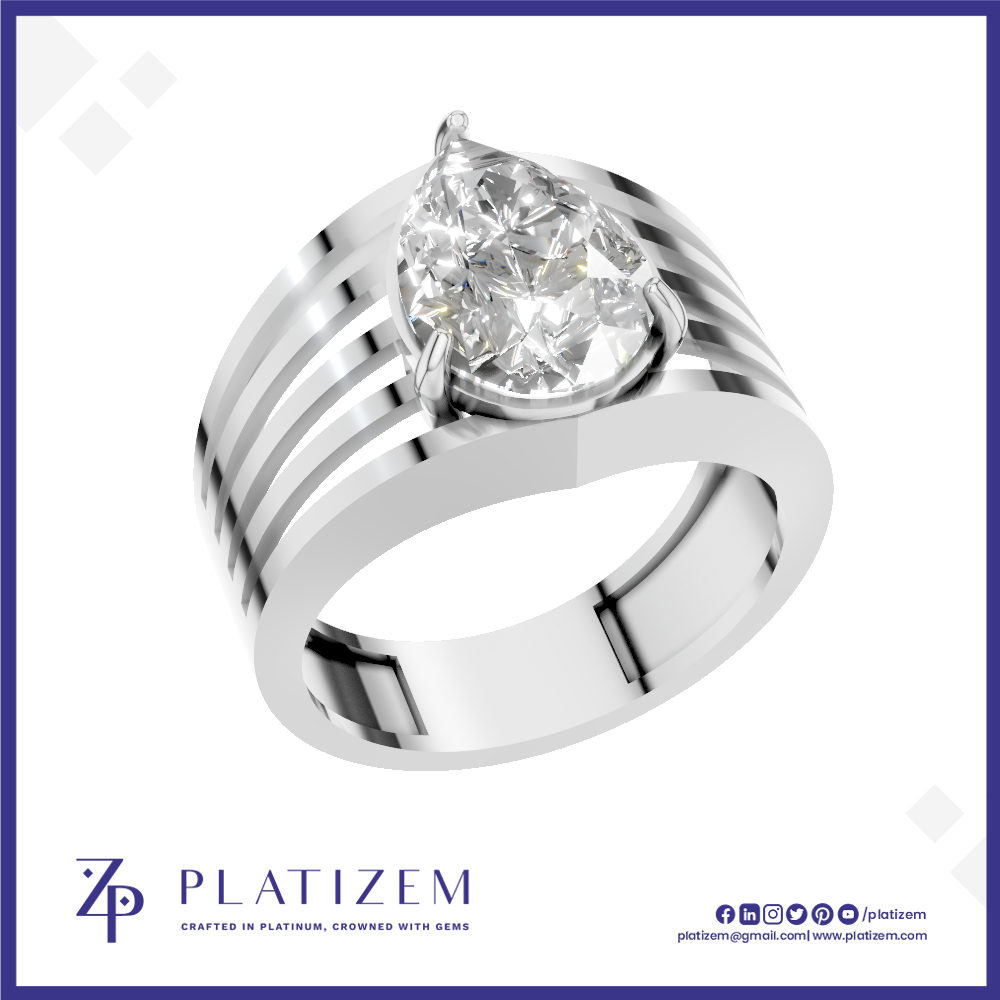 A silver-toned pear-cut diamond ring with a multi-stripe band design, shown on a white background with a blue border and the Platizem brand logo at the bottom.