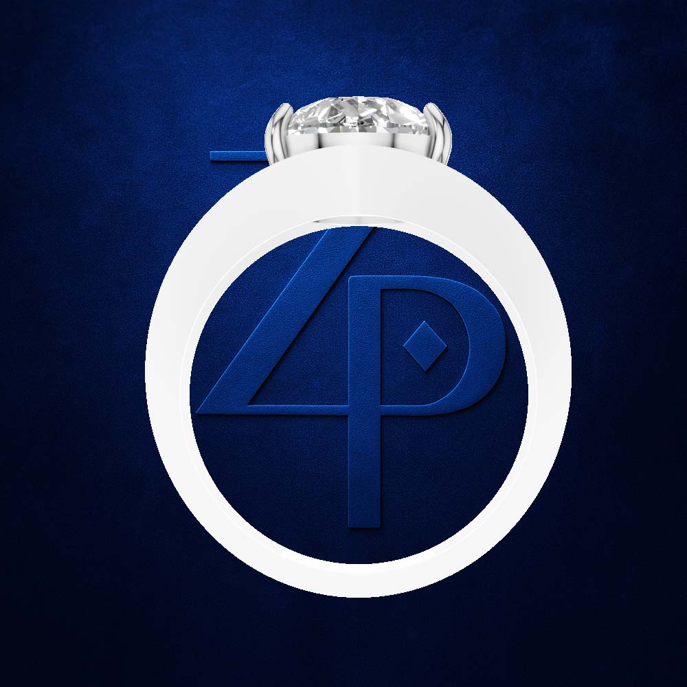 A white ring with a clear gemstone in a silver setting, shown against a dark blue textured background. The center of the ring features a large, embossed blue monogram logo.