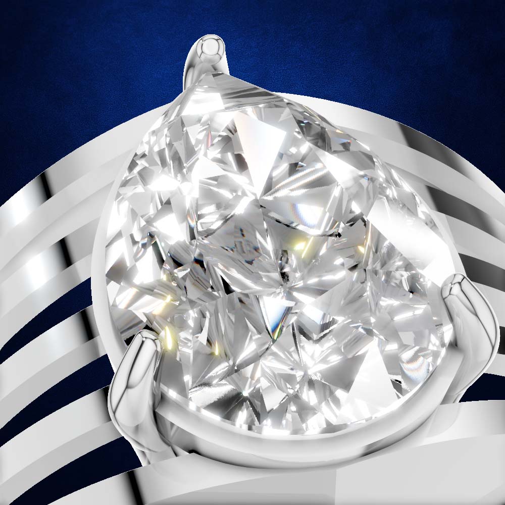 A close-up studio shot of a teardrop-shaped diamond ring set in a polished silver-colored band, presented against a dark blue textured background with abstract metallic silver curved lines.