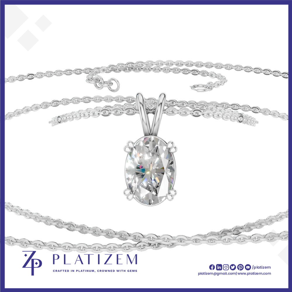 An oval-cut clear gemstone pendant necklace in a silver-toned setting, shown with a silver chain on a white background. The brand name PLATIZEM is visible at the bottom.