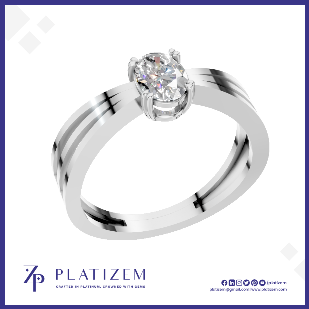 A silver-tone solitaire engagement ring with a round-cut clear gemstone, displayed on a white background with a blue border. The brand name 'PLATIZEM' is visible at the bottom.