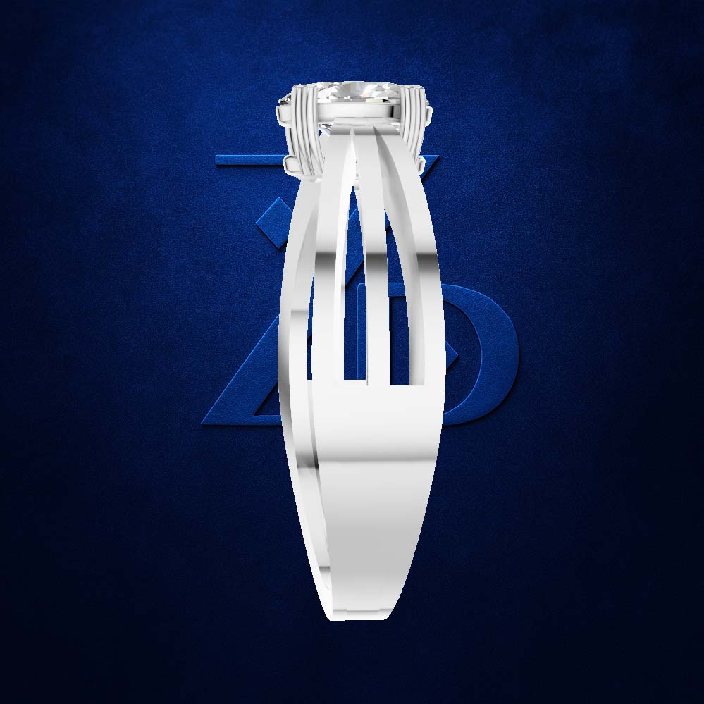 A white gold or platinum ring with a rectangular cushion-cut diamond, shown from a front-three-quarters angle against a dark textured blue background with a subtle blue geometric logo.