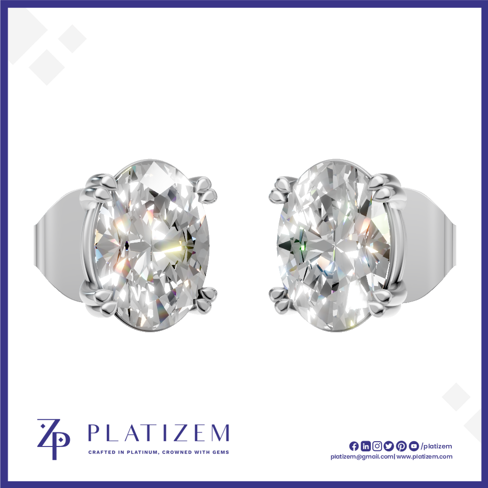 A pair of oval-cut diamond stud earrings in a silver-toned setting, shown from the front and side on a white background with the Platizem brand logo at the bottom.