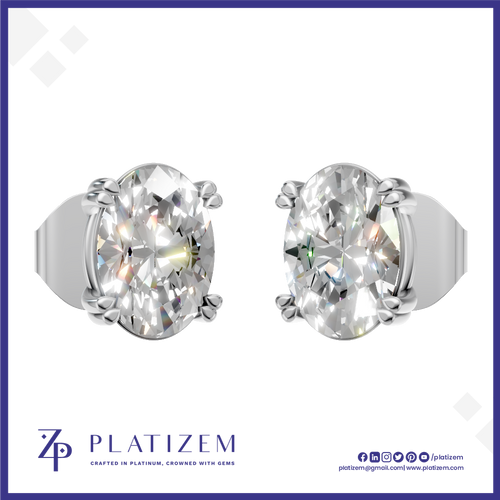 A pair of oval-cut diamond stud earrings in a silver-toned setting, shown from the front and side on a white background with the Platizem brand logo at the bottom.