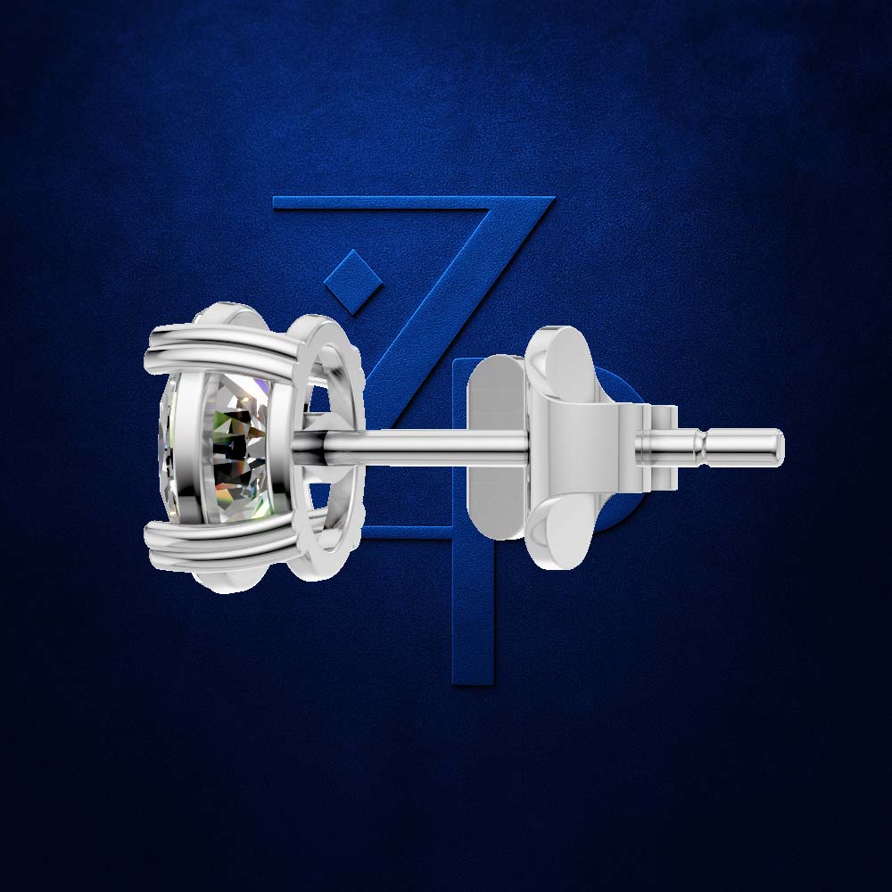 A single silver stud earring shown in side profile against a textured dark blue background with a large stylized 'Z' logo behind it. The earring features a bezel-set clear gemstone in a silver setting with a post and butterfly back.