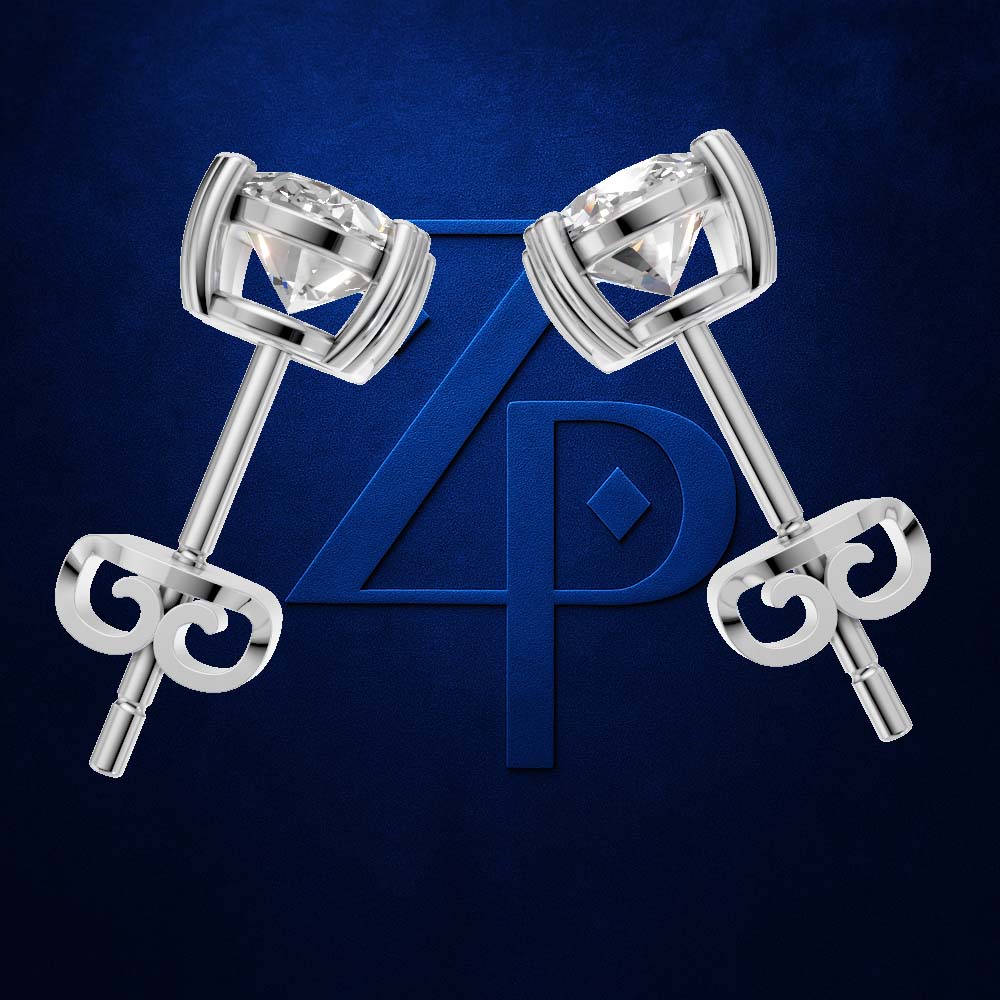 A pair of silver-toned stud earrings with round clear gemstones in prong settings, arranged symmetrically on a dark blue textured background with a large blue monogram behind them.