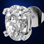 An oval-cut diamond stud earring in a polished silver-colored metal setting, shown against a dark blue gradient background.