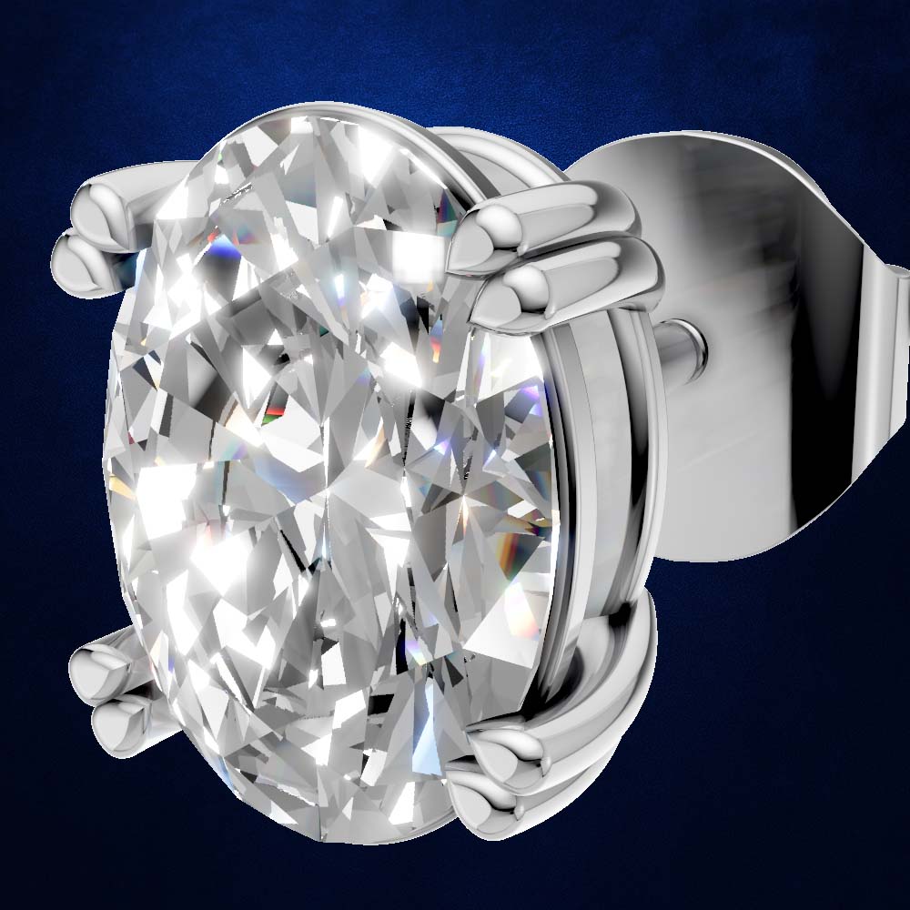 An oval-cut diamond stud earring in a polished silver-colored metal setting, shown against a dark blue gradient background.