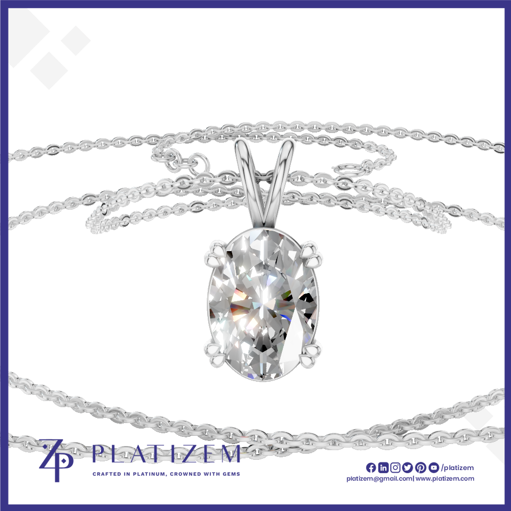 An oval-cut clear gemstone pendant in a silver-toned prong setting on a delicate silver chain necklace, shown against a white background with the brand name 'Platizem' at the bottom.