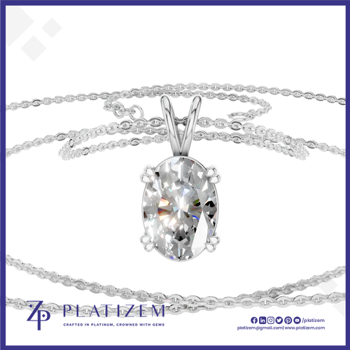 An oval-cut clear gemstone pendant in a silver-toned prong setting on a delicate silver chain necklace, shown against a white background with the brand name 'Platizem' at the bottom.
