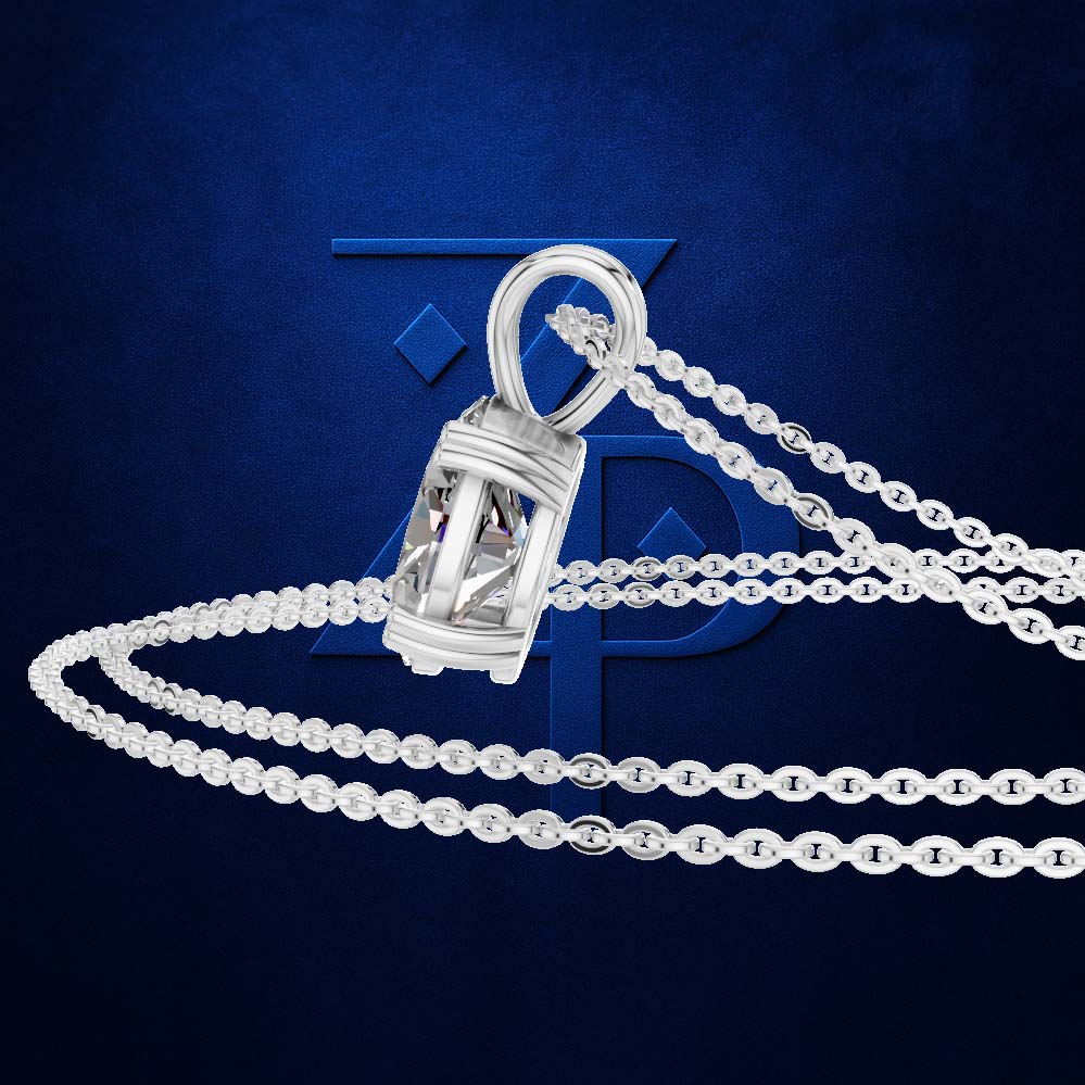 A silver-toned pendant necklace featuring a faceted geometric cage design, displayed on a dark textured blue background with a large stylized logo behind it.