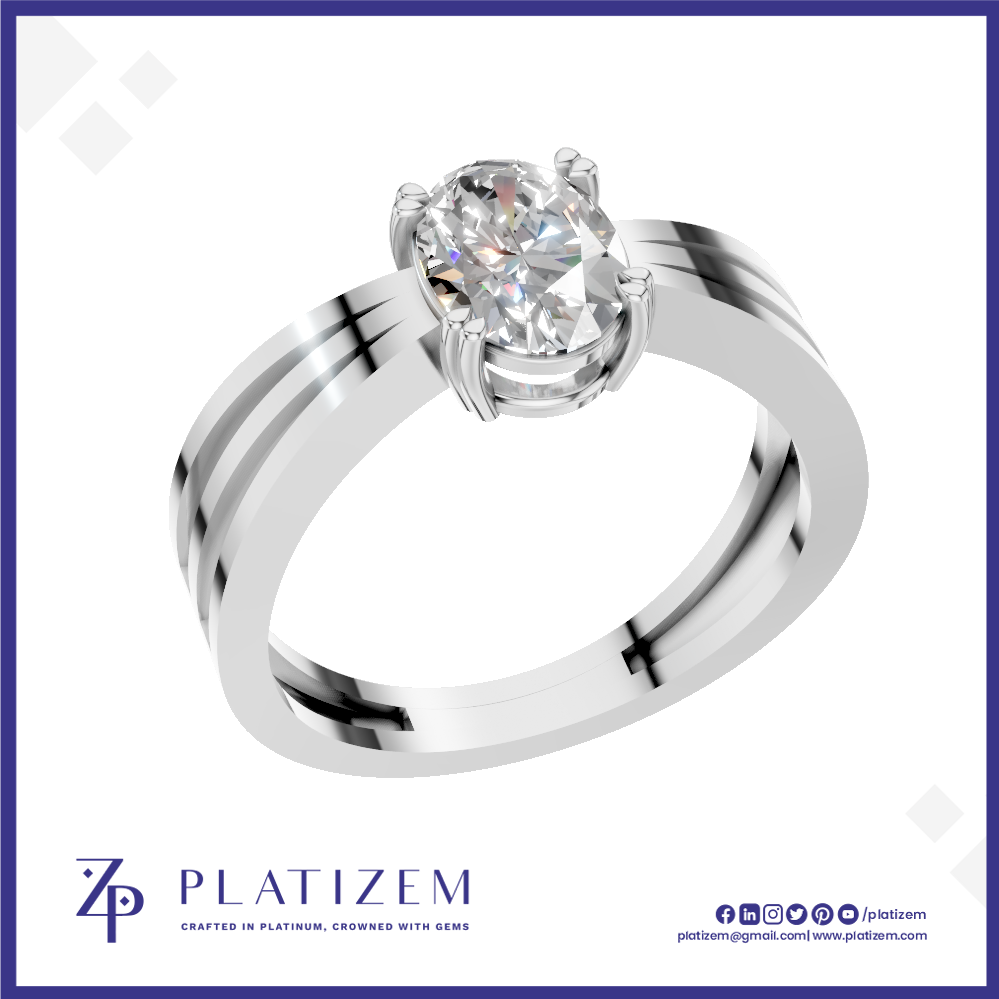 A silver-toned solitaire engagement ring with a round brilliant-cut diamond set in a high-profile crown, presented on a white background with a blue border and the Platizem brand logo at the bottom.