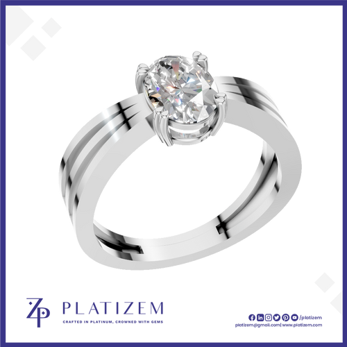 A silver-toned solitaire engagement ring with a round brilliant-cut diamond set in a high-profile crown, presented on a white background with a blue border and the Platizem brand logo at the bottom.