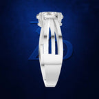 A white geometric ring with a large clear gemstone, shown from the top against a dark blue textured background with a subtle blue logo.