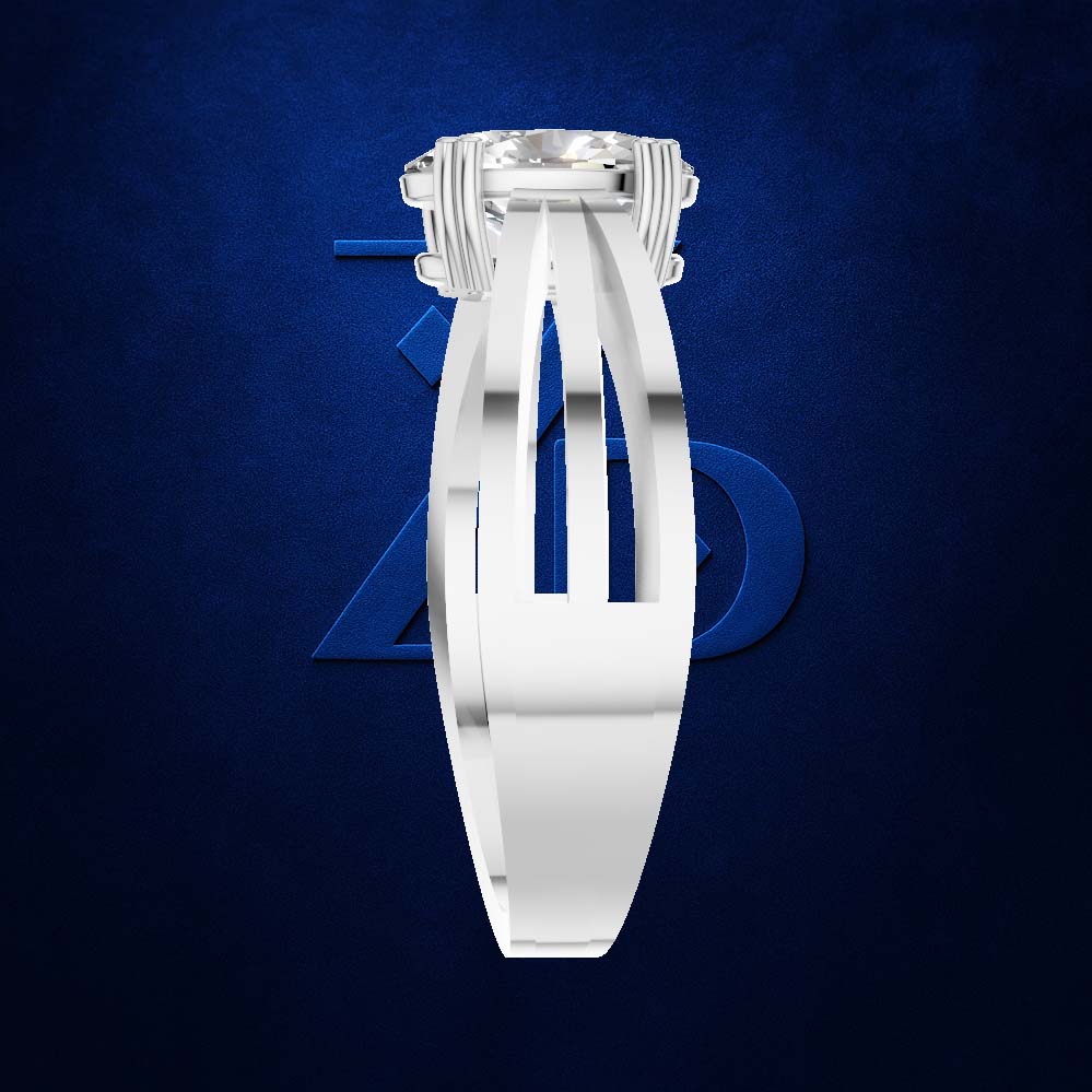 A white geometric ring with a large clear gemstone, shown from the top against a dark blue textured background with a subtle blue logo.