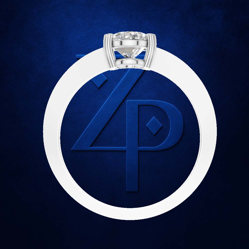 A silver-toned ring with a round brilliant-cut diamond solitaire setting, presented inside a large white circular frame over a textured dark blue background. The background features an embossed blue monogram logo.
