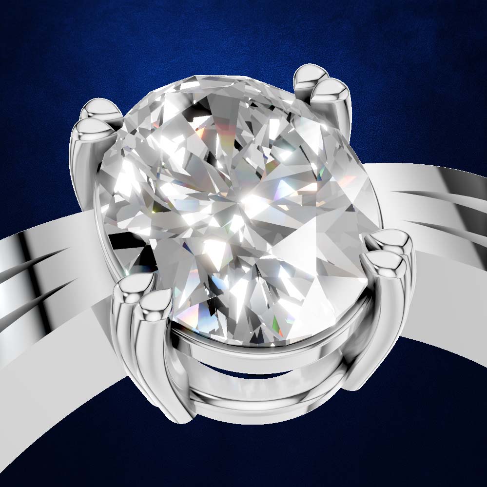 A close-up studio shot of a silver-toned ring with a large oval-cut clear gemstone in a prong setting, shown against a dark blue gradient background.