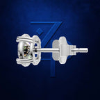 A single silver stud earring shown in side profile against a textured dark blue background with a large stylized 'Z' logo behind it. The earring features a bezel-set clear gemstone in a silver setting with a post and butterfly back.