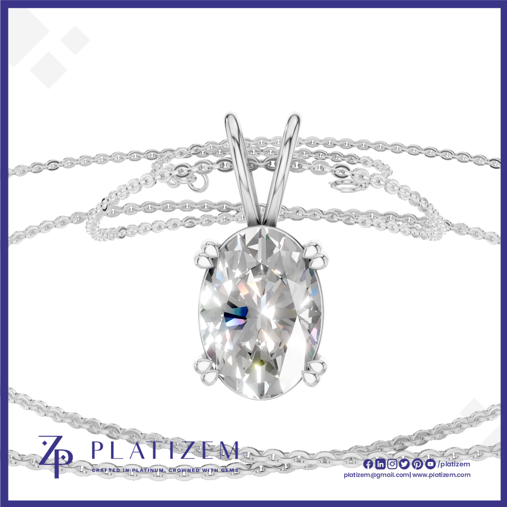 An oval-cut clear gemstone pendant in a silver-toned setting on a delicate silver chain, shown against a white background with the Platizem brand logo at the bottom.