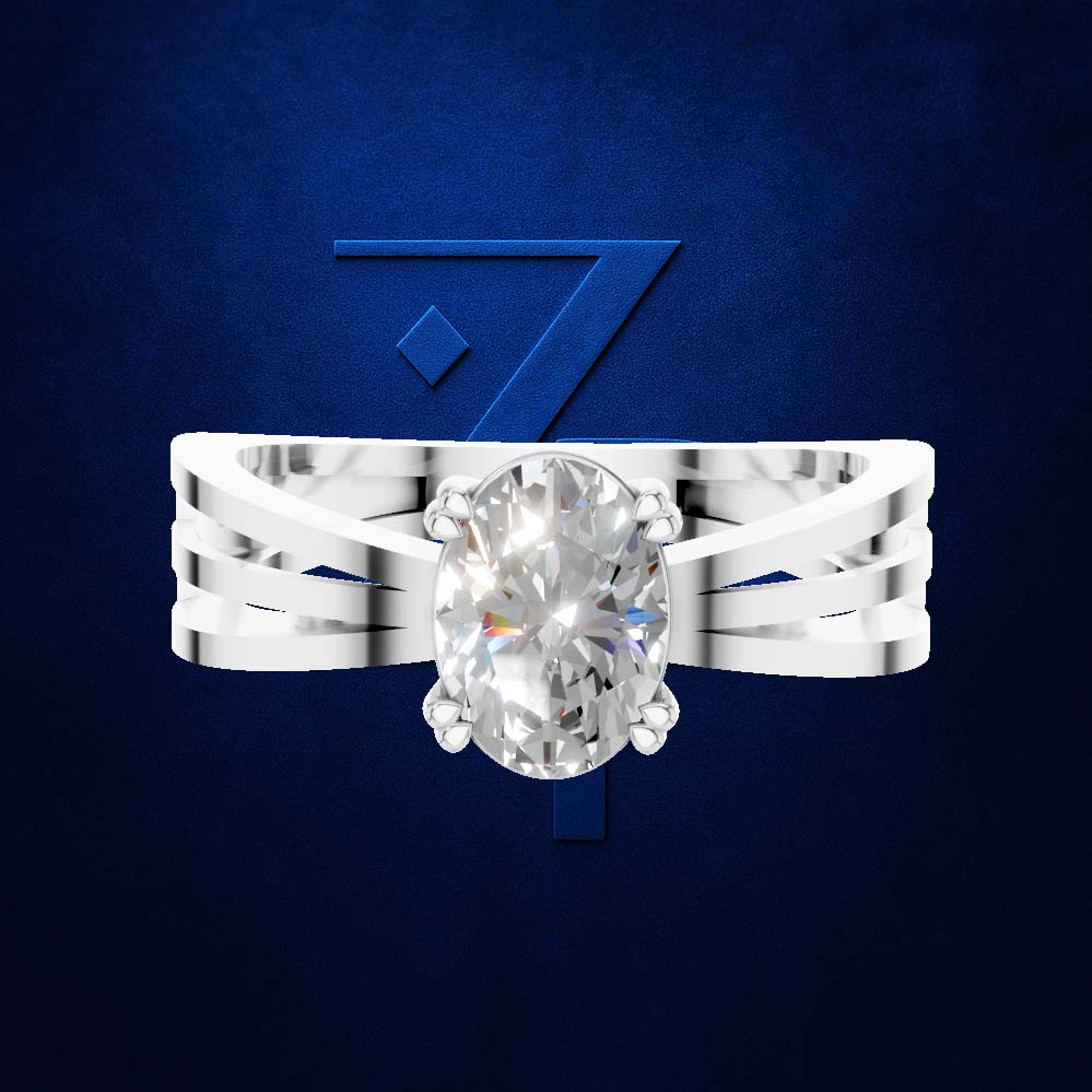 A silver-toned ring with a large oval clear gemstone, shown against a dark blue textured background with a large blue number 7 behind it. The gemstone is clear and does not contribute a color per the schema rules, so the product color is determined solely by the metal band, which is silver.