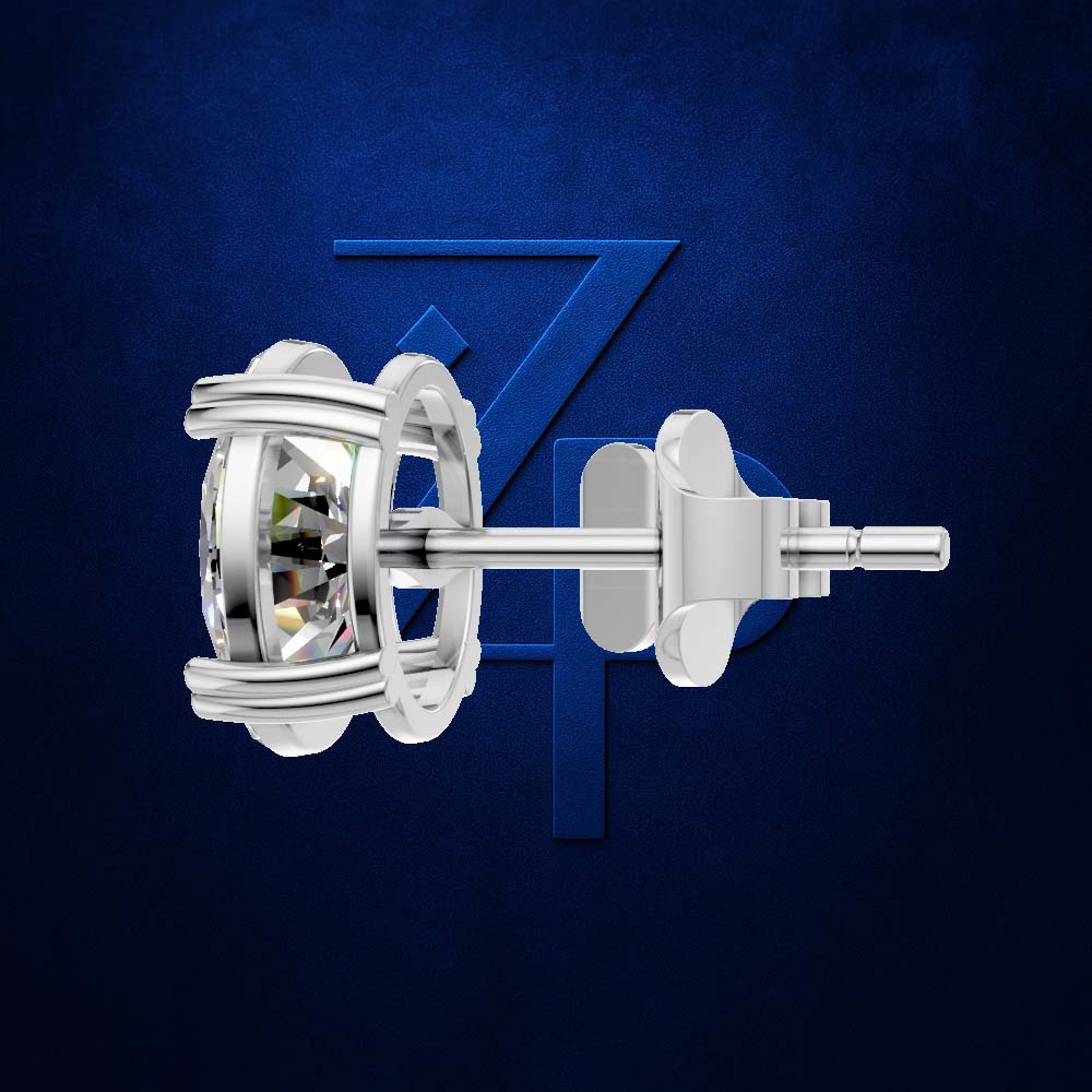 A close-up studio shot of a silver-toned stud earring with a clear faceted gemstone, shown from the side against a dark blue textured background with a faint stylized 'Z' logo.