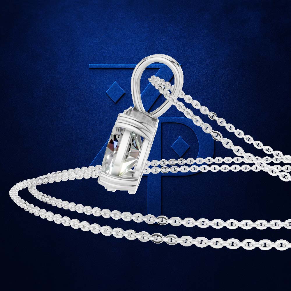 A silver-toned pendant necklace with a faceted geometric cage design and a matching chain, displayed on a dark blue textured background with a faint stylized logo behind it.
