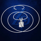 A silver-toned necklace with a clear gemstone pendant, arranged in concentric circles over a dark blue textured background with a large stylized 'ZD' logo behind it.