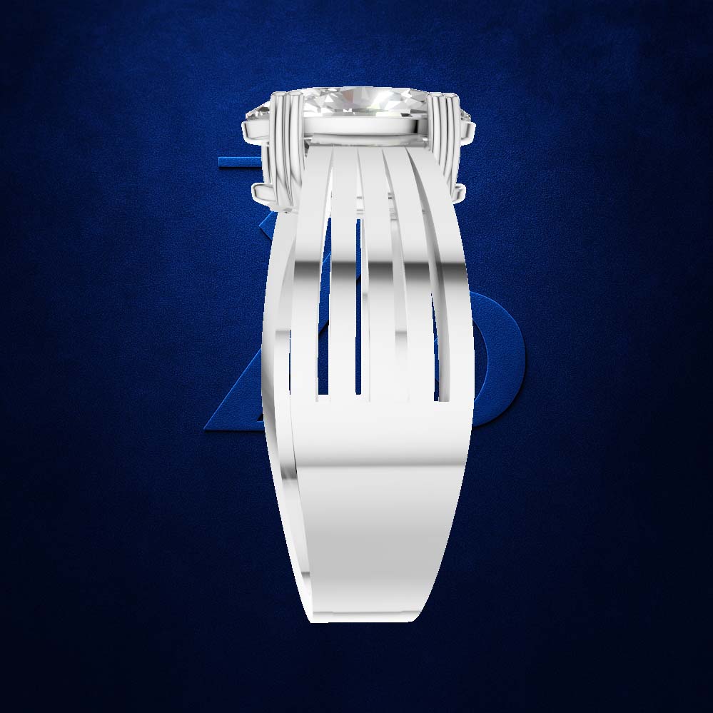A silver-toned ring with a wide, multi-barred band and a round clear gemstone, shown against a dark blue textured background.