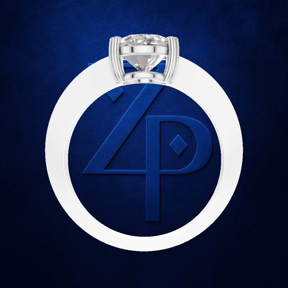 A white gold or platinum ring featuring a large round brilliant-cut diamond solitaire, presented against a textured dark blue background with a blue 'ZP' monogram logo.