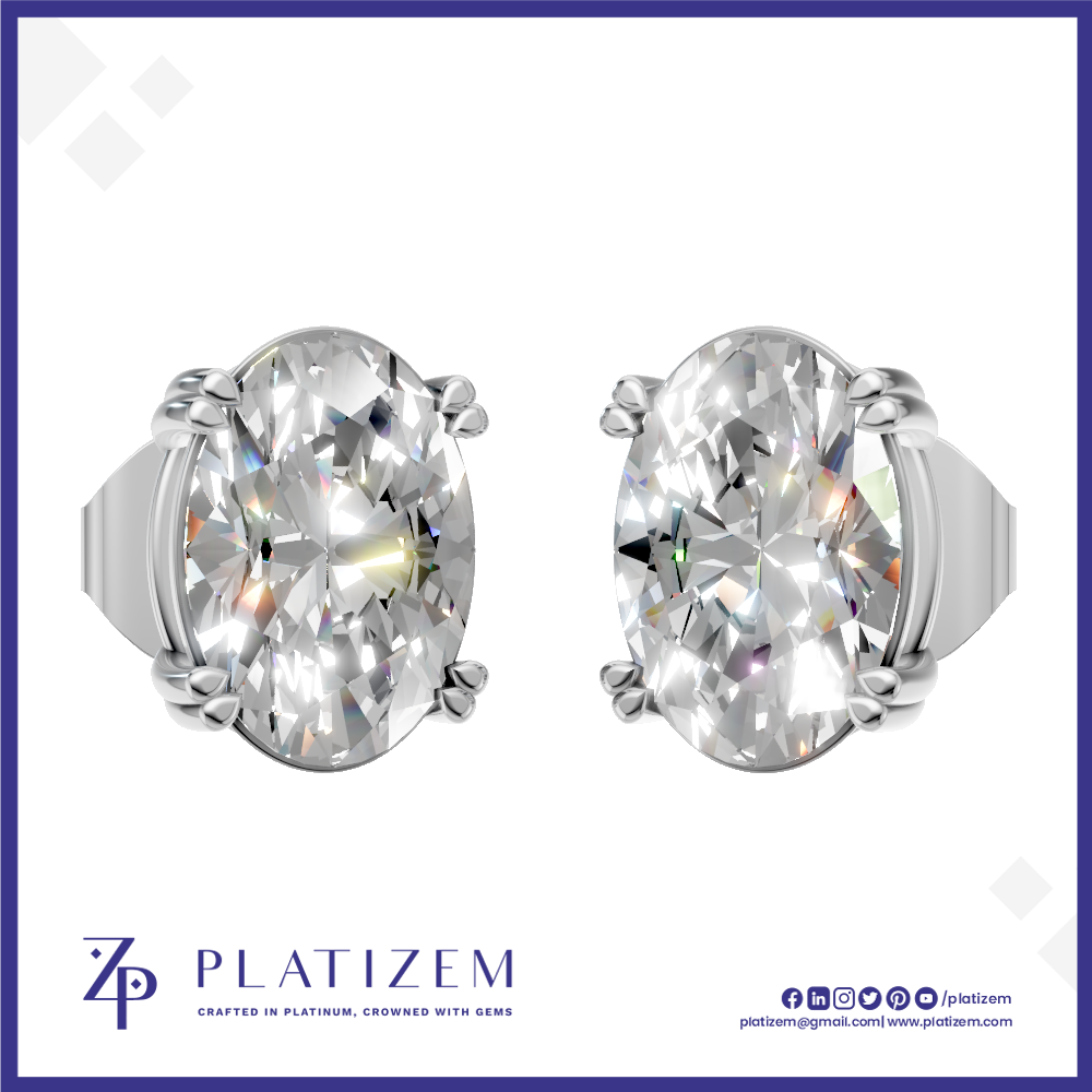 A pair of oval-cut diamond stud earrings in a silver-toned prong setting, shown from the front on a white background with a blue border. The brand name PLATIZEM is visible at the bottom.