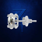A close-up studio shot of a silver-toned stud earring with a clear faceted gemstone, shown from the side against a dark blue textured background with a faint stylized 'Z' logo.