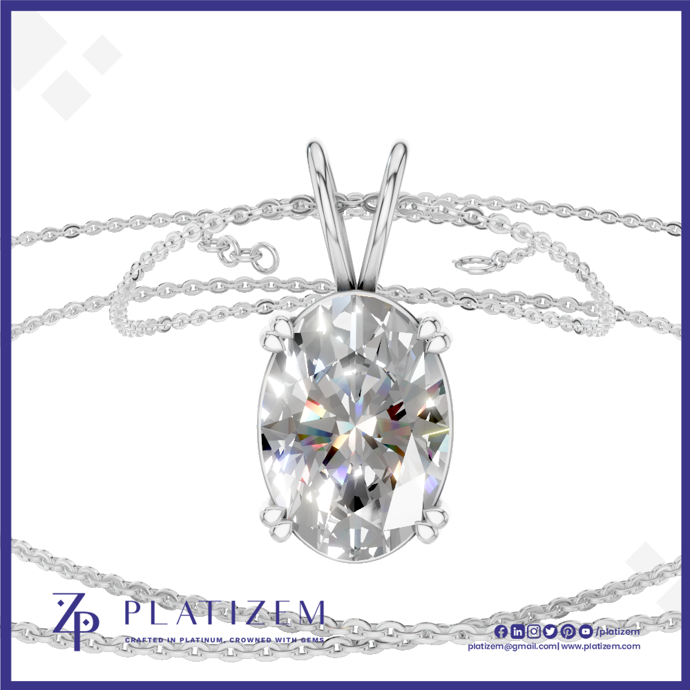 An oval-cut clear gemstone pendant in a silver-toned setting on a matching silver chain, shown against a white background with a blue border and Platizem branding at the bottom.