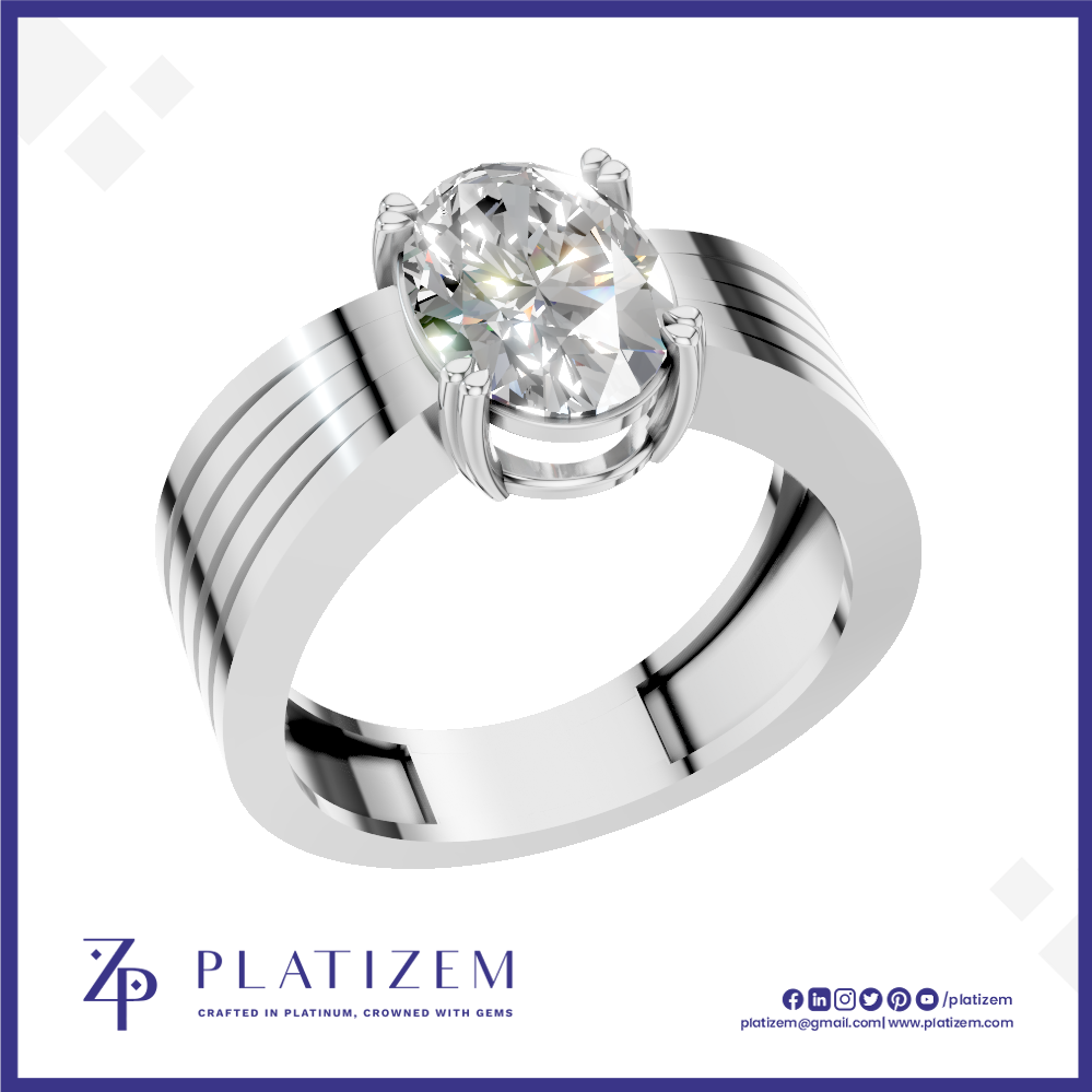A polished silver-toned solitaire engagement ring with a large oval-cut clear gemstone in a prong setting, shown on a white background with the brand name PLATIZEM at the bottom.